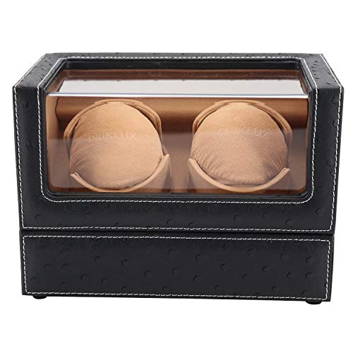 DRIKLUX Double Watch Winder for Rolex and Other Luxury Watches - Automatic Winder with Quiet Motor, Premium Black Ostrich Leather Exterior and Soft Flexible Watch Pillows of Camel Velvet