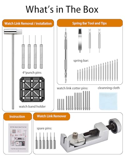 EasyTime Watch Link Removal Kit: Professional Watch Strap Adjustment Tool Band Replacement Bracelet Resize Kit for All Size with 108 PCS Spring Bars 20 PCS Link Pins