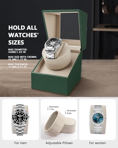 UnaMela Watch Winder for Automatic Watches: Automatic Single Watch Winder Box in Green PU Leather with Japanese Quiet Motor USB Powered - Gift for Men & Women