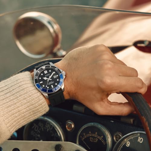 BUREI Men's Dive Watch, 200M Waterproof Analog Quartz Stainless Steel Fashion Classic Work Business Dress Wrist Watch for Men with Auto Date (Blue-Black, Silicone)