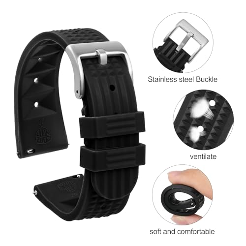 watchdives Rubber Waffle Watch Band, Fast Release Soft Rubber Watch Strap Waterproof Replacement Watchbands with Two Fixing Loops for Men & Women (Black-Fast Release, 22mm)