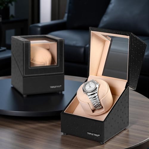 TRIPLE TREE Single Watch Winder Newly Upgraded, with Flexible Plush Pillow, in Wood Shell and Black Leather, Japanese Motor, 4 Rotation Mode Setting, Fit Lady and Man Automatic Watches