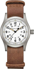 Hamilton Khaki Field Mechanical Men's Watch, 38mm Stainless Steel Case, Swiss Made, White Dial Analog Wrist Watch for Men, 50m Waterproof, Sapphire Crystal, Cow Leather Strap
