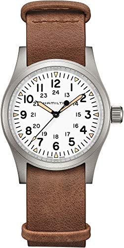 Hamilton Khaki Field Mechanical Men's Watch, 38mm Stainless Steel Case, Swiss Made, White Dial Analog Wrist Watch for Men, 50m Waterproof, Sapphire Crystal, Cow Leather Strap