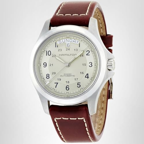 Hamilton Khaki Field King Automatic Men's Watch, 40mm Stainless Steel Case, Swiss Made, Beige Dial Analog Wrist Watch for Men, 50m Waterproof, Sapphire Crystal, Cow Leather Strap