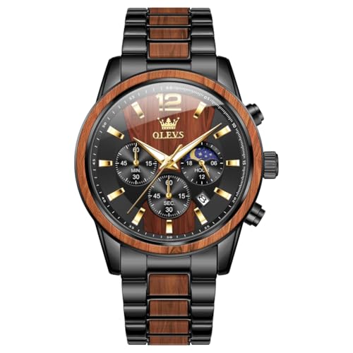 OLEVS Men Watch Analog Quartz Wood Wirst Watches Luxury Dress Chronograph Stainless Steel Waterproof Luminous Watches Men Gift