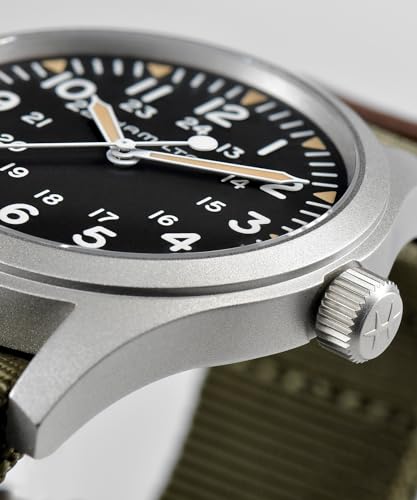 Hamilton Khaki Field Mechanical Men's Watch, 42mm Stainless Steel Case, Swiss Made, Black Dial Analog Wrist Watch for Men, 50m Waterproof, Sapphire Crystal, Textile Strap