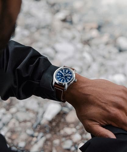 Hamilton Khaki Field Automatic Mens Watch, 42mm Stainless Steel Case, Swiss Made, Blue Dial Analog Wrist Watch for Mens 100 Meters Water resitance, Sapphire Crystal, 3-Hand Movement, Leather Strap