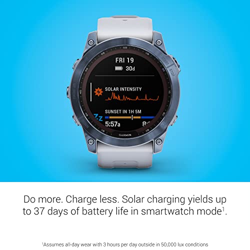 Garmin Fenix 7X Sapphire Solar, Adventure Smartwatch, w/Solar Charging Capabilities, Rugged Outdoor GPS Watch, Touchscreen, Wellness Features, Mineral Blue Titanium w/Whitestone Band (Renewed)