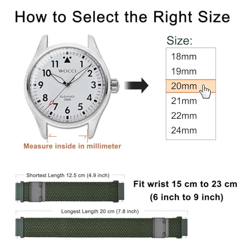 WOCCI 20mm Braided Nylon Watch Band for Men and Women, Quick Release, Black Stainless Steel Buckle (Khaki Green)