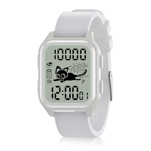 EZON T048 Digital Kids Watch for Teens Girls Boys,Sport Watch with Virtual Pet Cat Step Counter Stopwatch Pedometer Timer Alarm, No App Waterproof Fitness Tracker for Ages 7-18 (White)