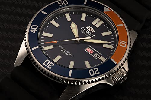 Orient Kano/Big Mako Men's Automatic Manual Winding Mechanical Sports Steel Silicone Wrist Watch - Underwater, Silicone Blue Orange, Strap
