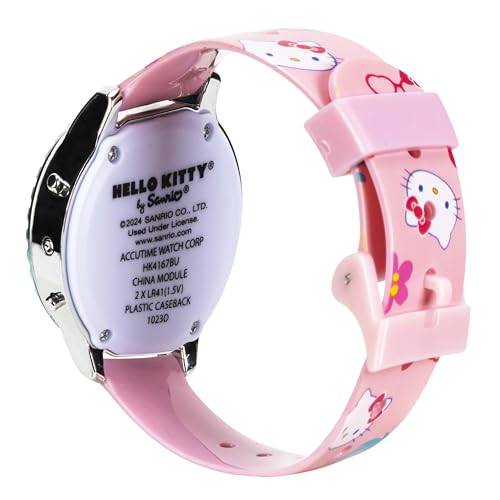 Accutime Sanrio Hello Kitty Girls' Digital LCD Quartz Watch with Pink Strap and Colorful Bezel - Fun LED Light Show - Easy to Read Time for Kids - Fits Wrist 5.5"-8"