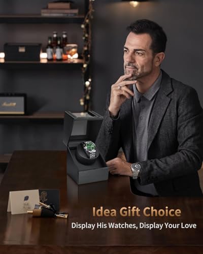 Watch Winder for Automatic Watches: Automatic Single Watch Winder Box with Japanese Quiet Motor, Rotating Watch Case in Black Carbon Fiber Leather, Gifts for Men & Collectors