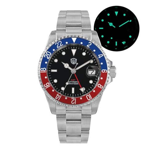 watchdives GMT Watches for Men WD0014 Dual Time Zone Dive Watch NH34 Automatic Vintage Wristwatch 40mm Aluminum Bezel (Black White/Red Blue)