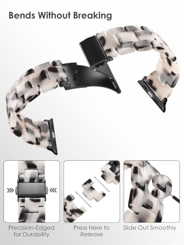 V.R.HOPE Resin Watch Band Compatible with Apple Watch Band for Women 38mm 40mm 41mm 42mm Tortoise Fashion Lightweight Bracelet Strap for iWatch Series 11/10/9/8/7/6/5/4/3/2/1/SE3 (Black Floral)