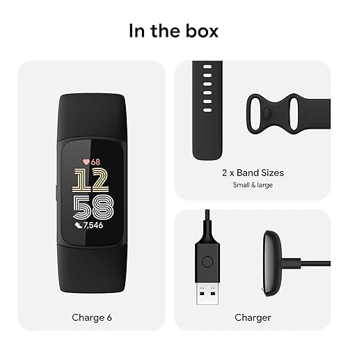 Fitbit Charge 6 Fitness Tracker with Google Apps - Heart Rate on Exercise Equipment - 3-Month Google Health Premium Membership Included - Health Tools - Obsidian/Black - Small&Large Bands Included