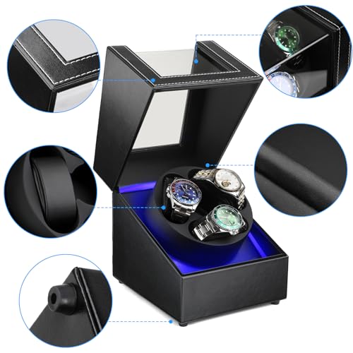 J&T Technology Watch Winder for Automatic Watches,Automatic Watch Winder with LED Light,Rotating Watch Case with Japanese Quiet Motor,4 Rotation Modes,USB Type C