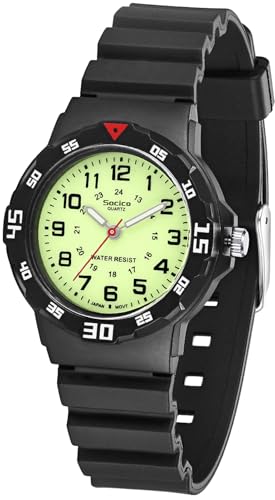 SOCICO Children Analog Watch Waterproof Time Teaching Boys Girls Watch Soft Band Learning Time Wrist Watch for Kids (Black-pre-Sale)