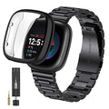 ZPJPPLX for Fitbit Versa 4 Metal Watch Band with Soft TPU Case,Compatible with Fitbit Sense 2 Stainless Steel Strap and Screen Protection Case for Men Women,Black