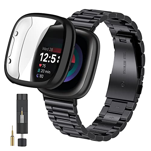 ZPJPPLX for Fitbit Versa 4 Metal Watch Band with Soft TPU Case,Compatible with Fitbit Sense 2 Stainless Steel Strap and Screen Protection Case for Men Women,Black