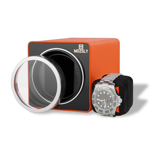 MOZSLY Single Watch Winder for Automatic Watches with Quiet Motor 12 Rotation Mode Setting Orange Leather