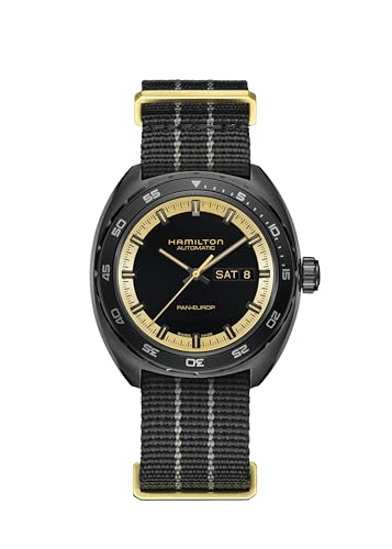 Hamilton American Classic Pan Europ Day Date Automatic Watch, 42mm Stainless Steel Case, Swiss Made, Black Dial Analog Wrist Watch, 50m Waterproof, Sapphire Crystal, Cow Leather Strap