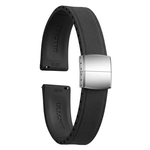 ULLCHRO FKM Rubber Watch Strap 20mm, Quick Release Watch Band 22mm for Men Women, Waterproof Soft Premium Fluororubber Cut to Size 18mm 19mm 21mm 23mm 24mm Deployment Clasp (20mm, Black)
