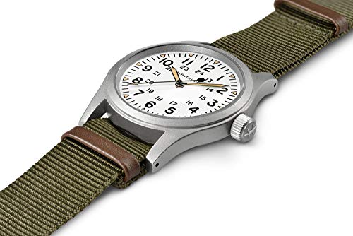 Hamilton Khaki Field Mechanical Men's Watch, 38mm Stainless Steel Case, Swiss Made, White Dial Analog Wrist Watch for Men, 50m Waterproof, Sapphire Crystal, Textile Strap