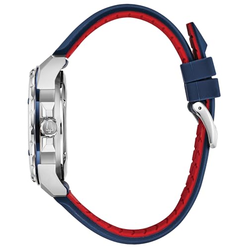 Bulova Men's Marine Star 'Series A' Automatic Stainless Steel Case with Blue Textured Silicone Strap, Open Aperture, Silver White Dial Model: 98A225