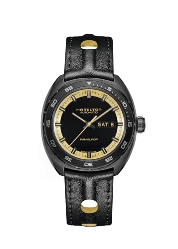 Hamilton American Classic Pan Europ Day Date Automatic Watch, 42mm Stainless Steel Case, Swiss Made, Black Dial Analog Wrist Watch, 50m Waterproof, Sapphire Crystal, Cow Leather Strap