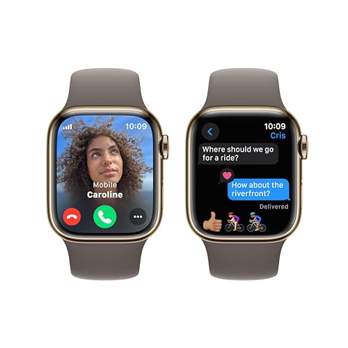 Apple Watch Series 9 [GPS + Cellular, 41mm] - Gold Stainless Steel Case with Clay Sport Band, S/M (Renewed)