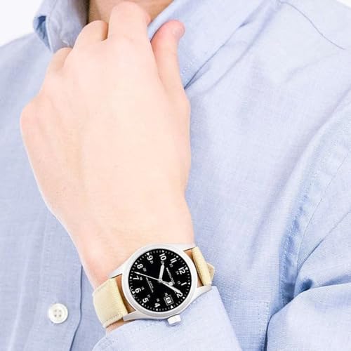 Hamilton Khaki Field Mechanical Men's Watch, 38mm Stainless Steel Case, Swiss Made, Black Dial Analog Wrist Watch for Men, 50m Waterproof, Sapphire Crystal, Canvas Strap