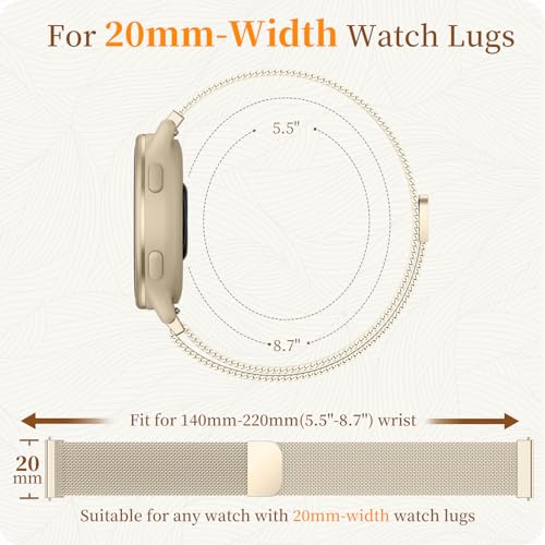 20mm Metal Bands Compatible with Garmin Vivoactive 5/Vivoactive 6/3 Watch Bands, Soft Stainless Steel Strap Replacement Wristband for Venu Sq 2/ Forerunner 55/245 Watch Band Women Men, Champagne