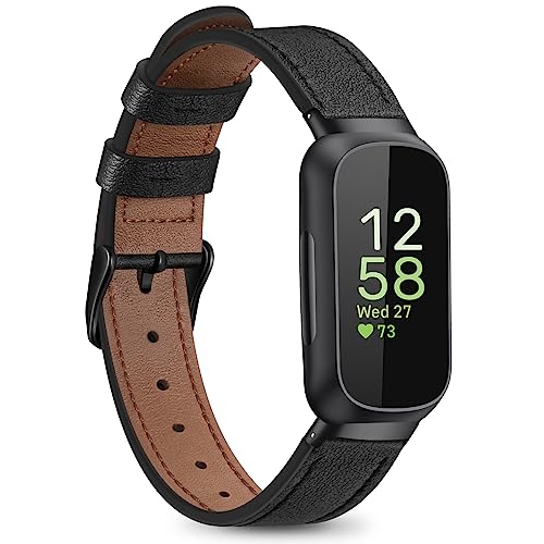 Fintie Bands Compatible with Fitbit Inspire 3 2 1 HR, Soft Genuine Leather Replacement Strap Wrist Band, Black