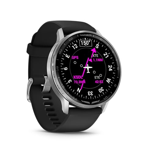 Garmin D2™ Air X15, Versatile Aviator Smartwatch with GPS, LED Flashlight, Health and Fitness Features, Aviation Weather, Built-in Microphone/Speaker, Silver with Black Silicone Band