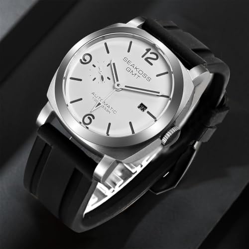 GMT Watches for Men Automatic 45MM Date 10ATM Waterproof Seagull ST2557 Movement LuminousStainless Steel Sapphire Glass Mechanical Wristwatches S8441 (Silicone White)