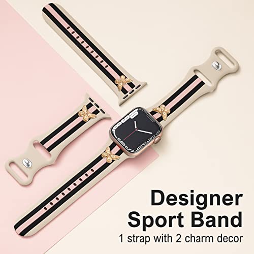 Designer Band with Charms Decor Compatible with Apple Watch Band 38mm 40mm 41mm 42mm 44mm 45mm 46mm 49mm Women Men, Stylish Silicone Sport Wristbands for iWatch Series 11 10 9 8 7 6 5 4 3 2 1 SE/3 Ultra 2/3