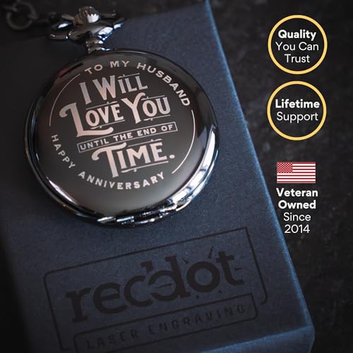 Red Dot Laser Engraving Anniversary Pocket Watch for Husband - Engraved Silver Stainless Steel - Meaningful Keepsake - Boxed and Ready to Give