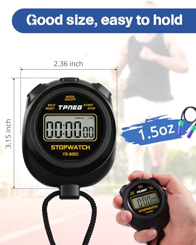 TPNEG Simple Stopwatch Timer - Easy to Use, Set Up, Read, and Carry - Large Display - On/Off, AAA Battery, No Hourly Beep - Ideal for Kids, Track and Field, Sports, Classroom - Stopwatches for Coaches