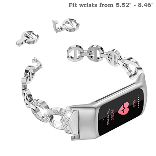 Wearlizer Compatible with Fitbit Charge 5 Bands, Adjustable Premium Metal Straps Bling Bracelet Dressy Wristbands Cute Accessories Replacement for Charge 5 Bands for Women, Silver