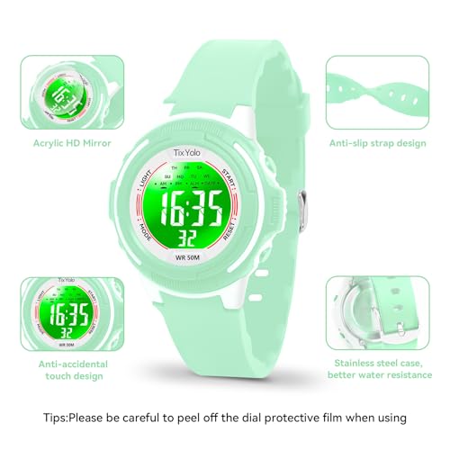 TixYolo Digital Kids Watch with 7 Color Lights 50M Waterproof,Alarm,Stopwatch,Soft Strap,Children Gifts Sports Watch for Boys Girls 5-12 Years(Green)