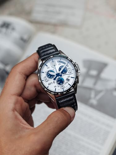 AVI-8 P-51 Mustang Blakeslee Men's Chronograph Pilot Watch – Japanese Meca-Quartz Movement, 43mm Stainless Steel Case, Leather Strap, AV-4077-01
