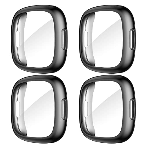 Suoman [4-Pack] for Fitbit Sense 2 /Versa 4 Screen Protector Case, Full Around Electroplate Soft TPU Bumper Around Protective Case Cover for Fitbit Sense 2/Versa 4 Smartwatch(Black+Black+Black+Black)