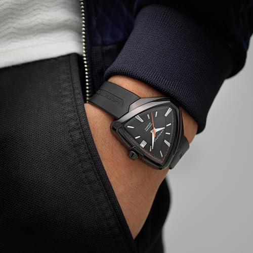 Hamilton Ventura Automatic Men's Watch, 42mm x 45mm Stainless Steel Case, Swiss Made, Black Dial Analog Wrist Watch for Men, 50m Waterproof, Sapphire Crystal, 3-Hand Movement, Rubber Strap