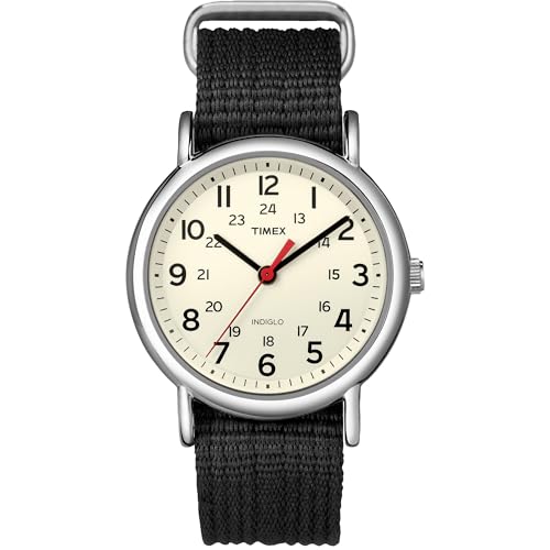 Timex Unisex Weekender 38mm Watch – Silver-Tone Case Cream Dial with Black Fabric Slip-Thru Strap