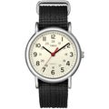 Timex Unisex Weekender 38mm Watch – Silver-Tone Case Cream Dial with Black Fabric Slip-Thru Strap