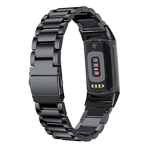 TenCloud Bands Compatible with Fitbit Charge 6/Charge 5 Activity Tracker Solid Stainless Steel Women Men Wristband Metal Watch Link Band for Charge 6 (Black)
