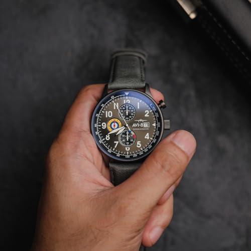 AVI-8 Hawker Hurricane Men's Pilot Watch – Classic Chronograph, Japanese Quartz Movement, 43.5mm Stainless Steel Case, Leather Strap, AV-4011-0D - Military Green