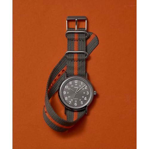 Timex Unisex Weekender 38mm Watch – Silver-Tone Case Gray Dial with Gray & Orange Fabric Slip-Thru Strap